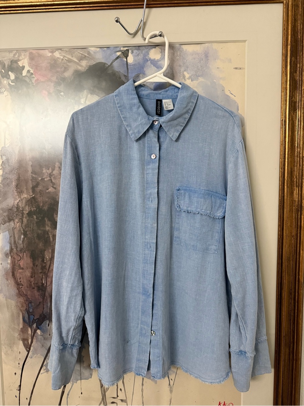 Divided Light Blue Button-Down Shirt with Frayed Pocket